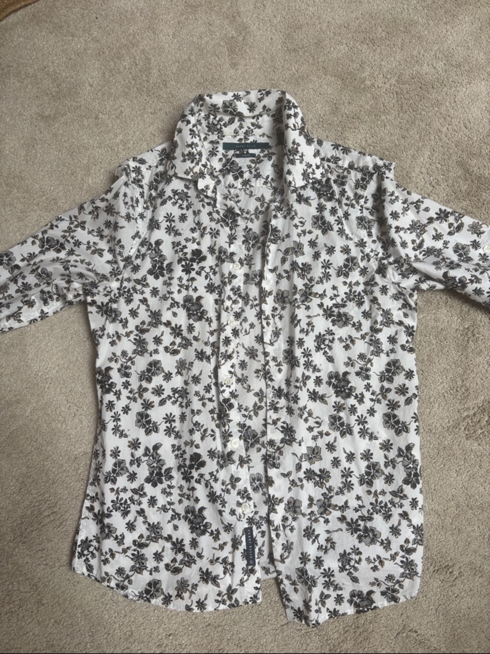 Perry Ellis White Button-Up Shirt with Black and Gold Floral Print